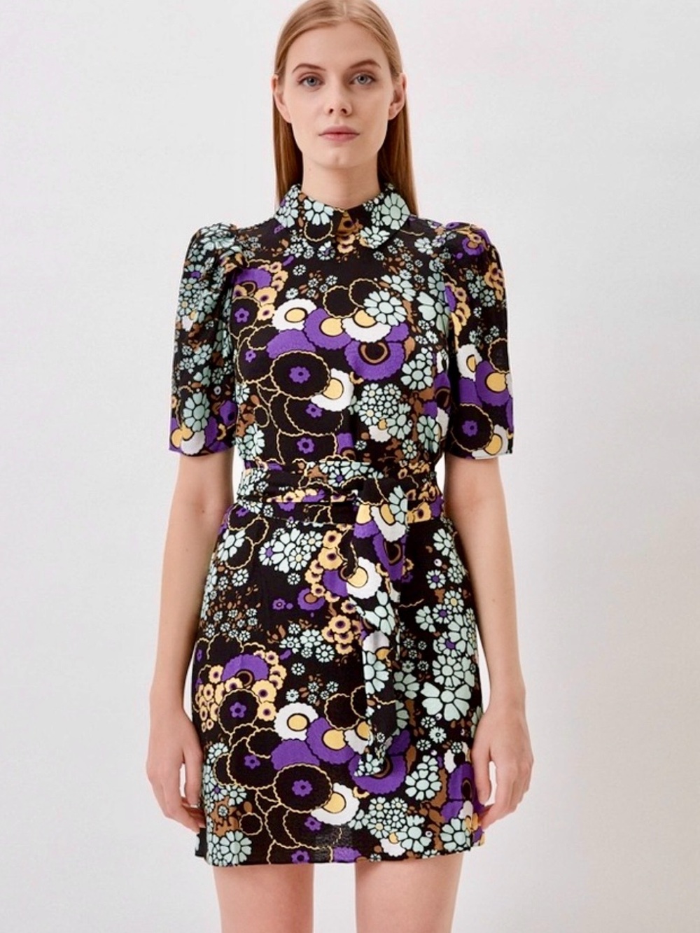 Ted Baker London Floral Puff Sleeve Mini Dress - Black, Purple, Cream, Tan